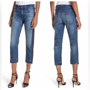 Veronica Beard Ines Cropped Straight Leg Girlfriend Rhinestone Detail Jeans 26